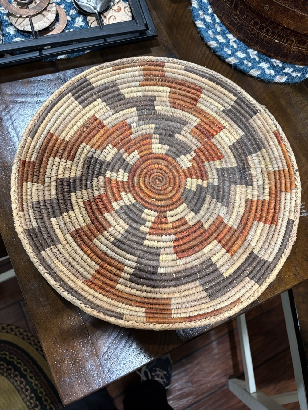 Handwoven Decorative Round Basket Tray - Natural Cream, Rust & Gray